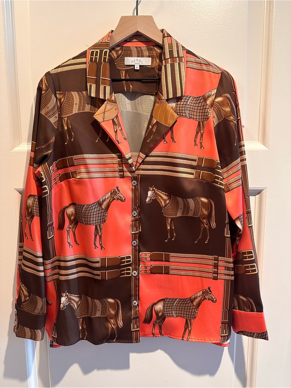 Pearl by Lela Rose Equestrian Twill Button Down Shirt Coral/Brown Women’s Medium